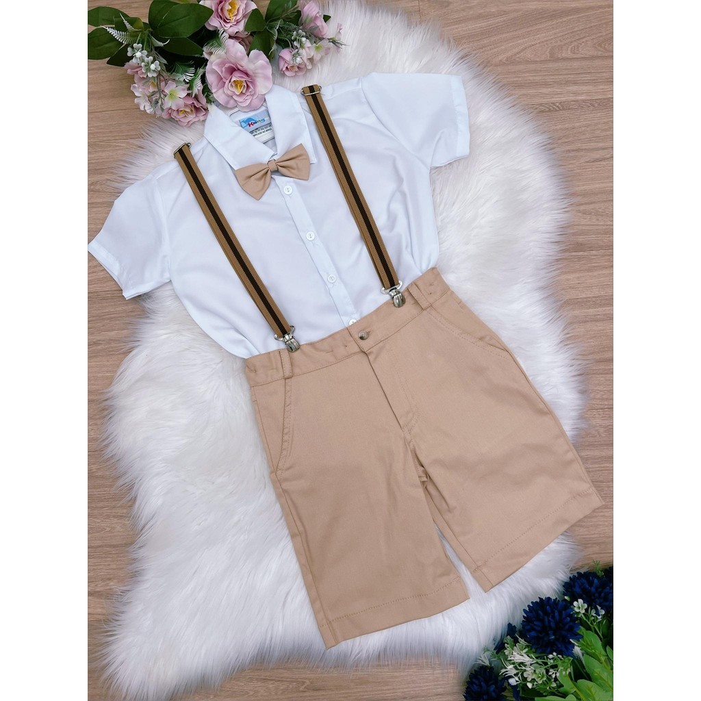 Conjunto Social Para Príncipes Pajem Formaturas Camisa Gravata e Short com Suspensório Caqui