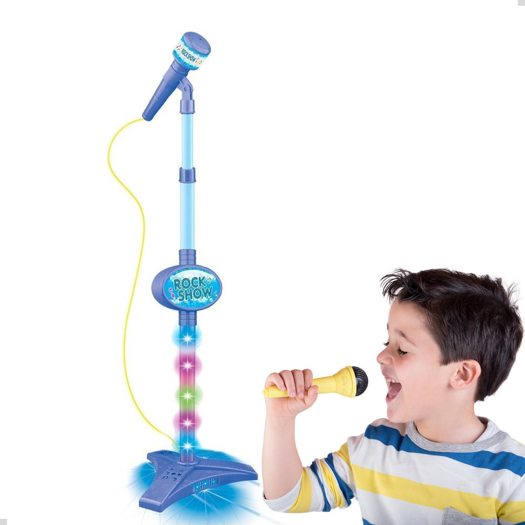 Microfone Infantil Com Pedestal Som Luz Conecta Celular Rock Show Azul