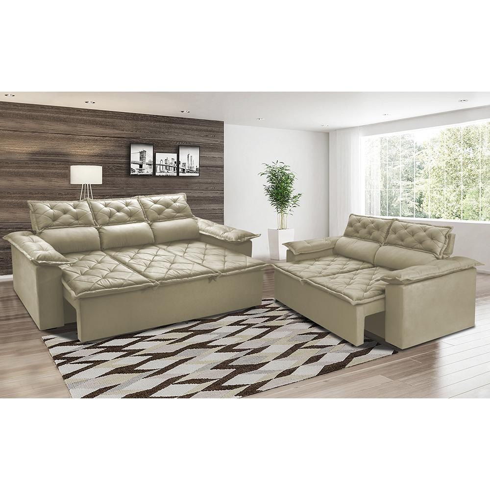 Conjunto de Sofá 3 e 2 Lugares Retrátil e Reclinável Cama inBox Compact 2,00x1,50m Velusoft Bege em Oferta na Shopee