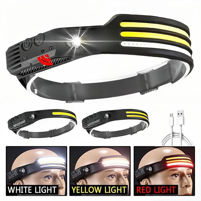 Lanterna de Cabeça Recarregável 3 Led Corpo Motion  Camping Torch Light Lamp Com Usb