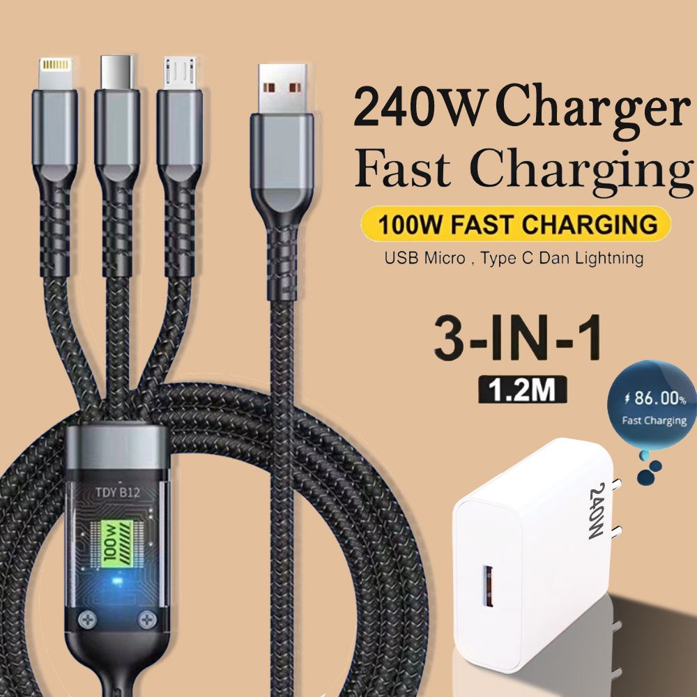 Data 3 in 1 Braided anti bending data cable 240W ultra fast charger 120W Type-C Cable FOR iPhone ios USB Androi