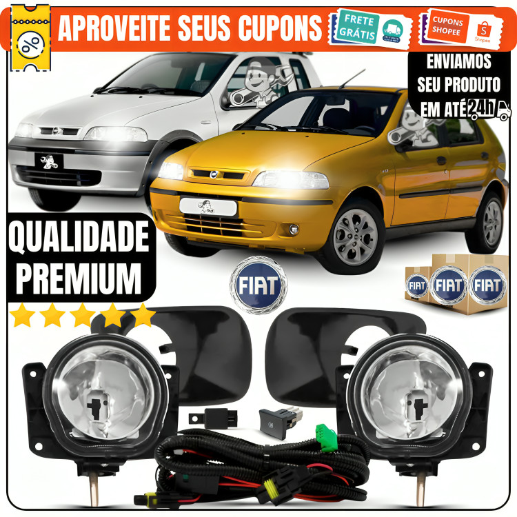Kit Farol Milha + Telas + Chicote + Relê + Botão Fiat Palio G2 Siena Strada 2001 á 2007 Auxiliar Todos Os Modelos