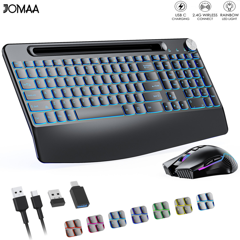 Conjunto De Teclado E Mouse Sem Fio 2.4G Retroiluminado Recarregável De 7 Cores Em Tamanho Real Com Slot Descanso De Pulso Botão De Volume Jiggle Set