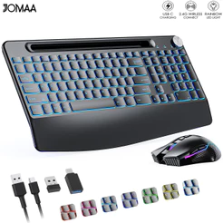 Conjunto De Teclado E Mouse Sem Fio 2.4G Retroiluminado Recarregável De 7 Cores Em Tamanho Real Com Slot Descanso De Pulso Botão De Volume Jiggle Set