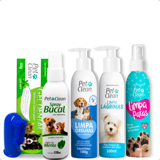 Kit Higiene Completo: Limpa Lágrimas Ouvidos Patas + Spray Menta + Gel Dental + Dedeira Pet Clean em Oferta na Shopee