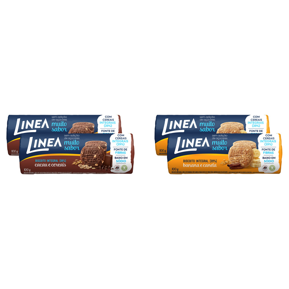 Kit 4 Biscoitos Integrais Linea Sabor Cacau e Cereais / Banana e Canela 100g