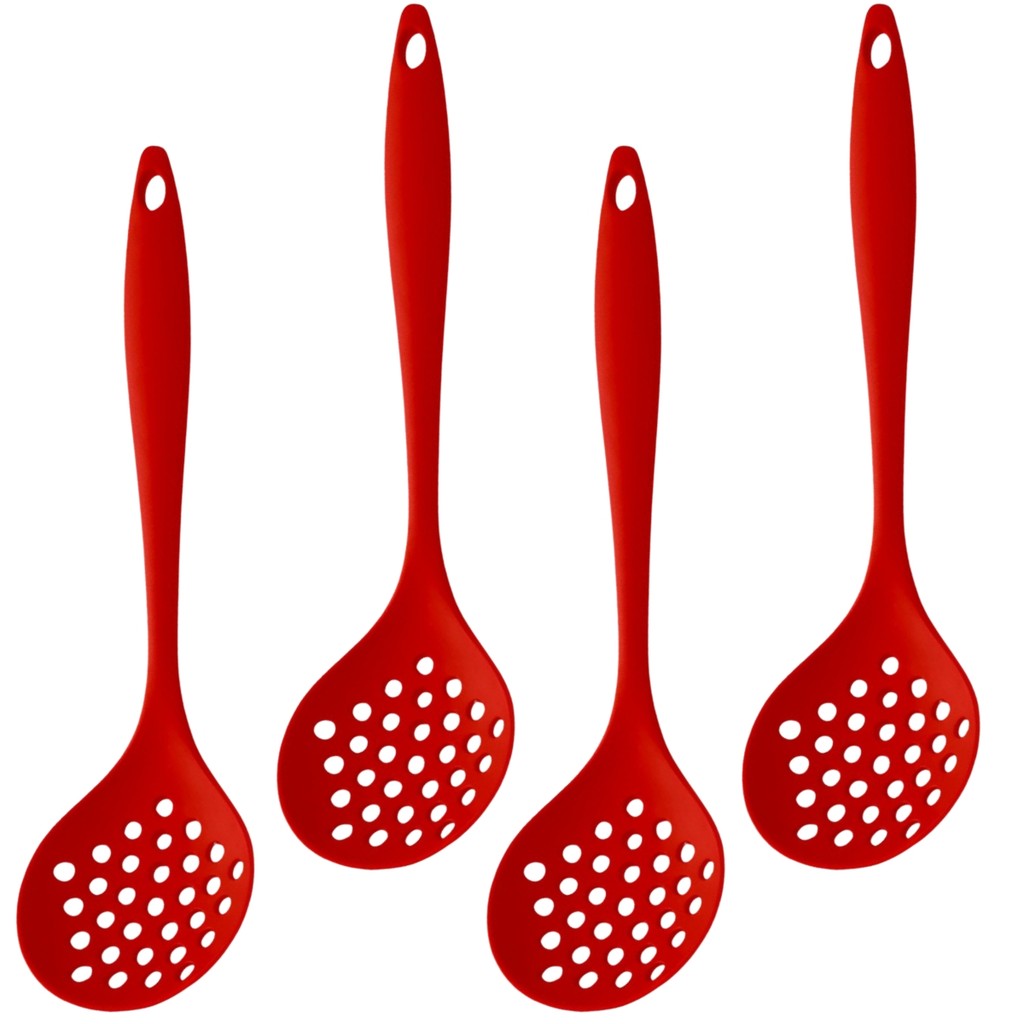 Kit 4 Escumadeiras de Silicone Vermelha Grande Utensílio de Cozinha Maciço Anti-risco para Panelas Antiaderentes Casa