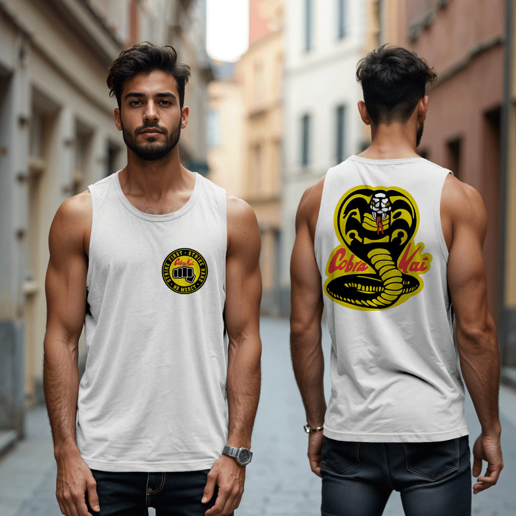 Camiseta Regata Cobra Kai Dojo Karate Frente e Costa