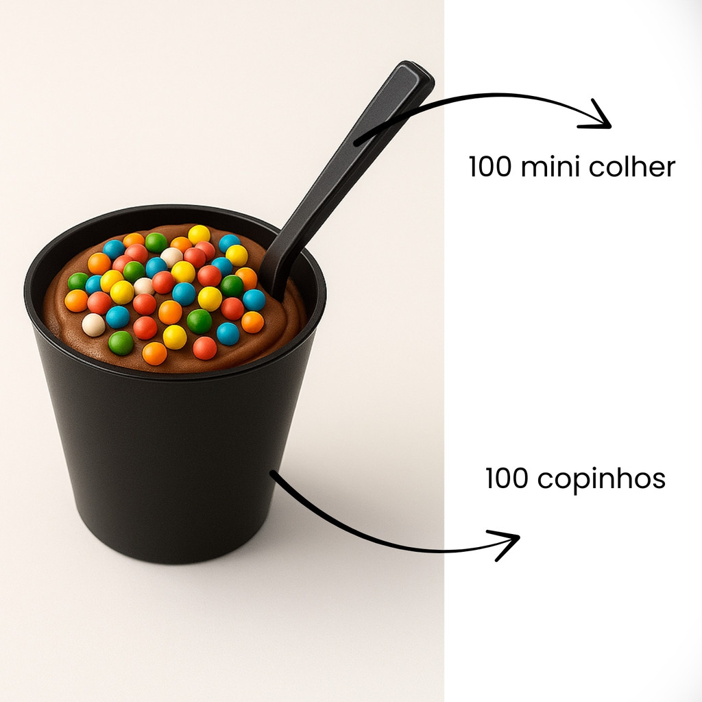 Kit 100 Copinho 25ml Branco Preto Docinho Brigadeiro Tacinha Acrílico + Mini Colher Festa Aniversário
