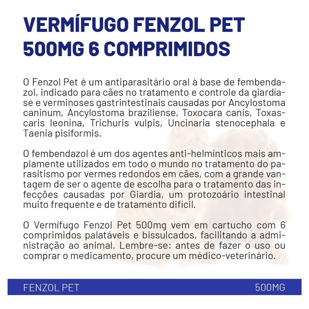 Kit 2 Fenzol Pet 500mg Vermífugo Cães Agener - 6 Comprimidos — imagem 2 de 2