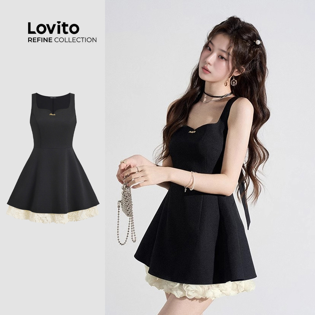 (Lovito -  Refine) Vestido Casual Falso 2 em 1 Drapeado Primavera/verão Preto para mulheres LR12A171