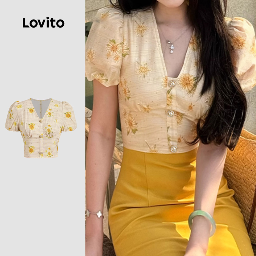 Lovito Blusa Elegante Com Estampa Floral E Flores, Blusa Amarela Estilo Resort Para Mulheres, Primavera/verão L135A2D089 em Oferta na Shopee