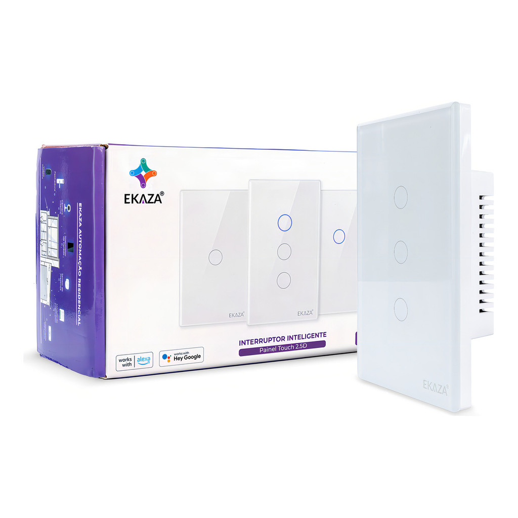 Interruptor Inteligente WiFi Ekaza 3 Teclas Touch Alexa Google Smart Bivolt Branco Automação