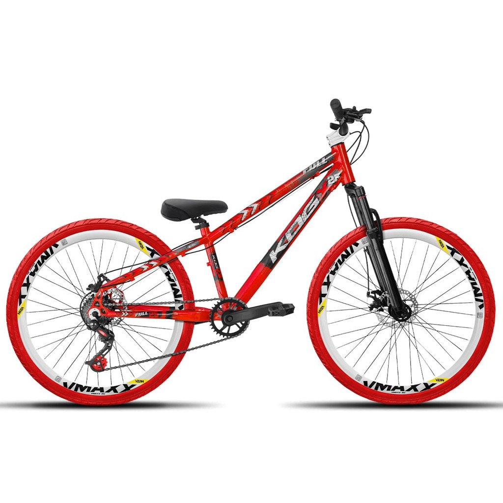 Bicicleta aro 26 KOG Freeride 1x7 Vermelho Vmaxx Branco - Pneus Vermelho - Mesa Curta Branco - Guidão Preto