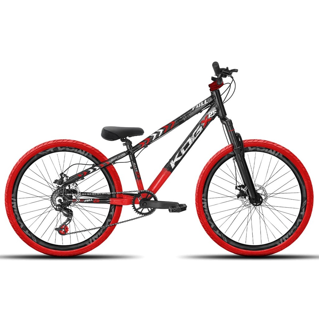 Bicicleta aro 26 KOG Freeride 1x7 Preto e Vermelho Vmaxx Preto Fosco - Pneus Vermelho - Mesa Curta Vermelha - Guidão Pre