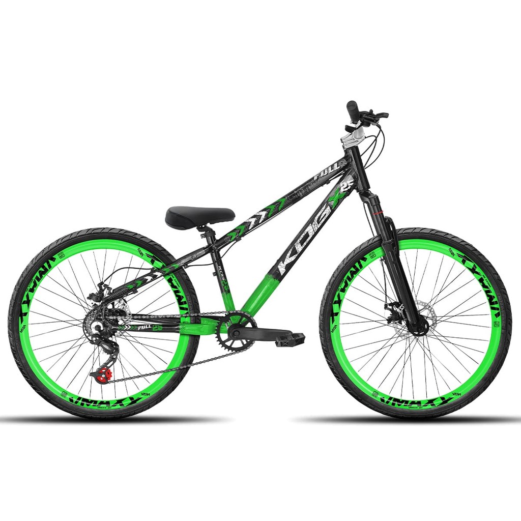 Bicicleta aro 26 KOG Freeride 1x7 Preto e Verde Vmaxx Verde - Pneus Preto - Mesa Curta Prata - Guidão Prata