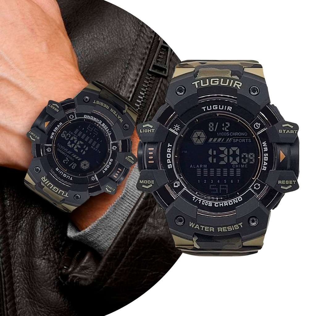 Relógio Masculino Digital de Pulso Pulseira de Silicone Camuflado Marrom Tático Militar Esportivo Shock Tuguir Original
