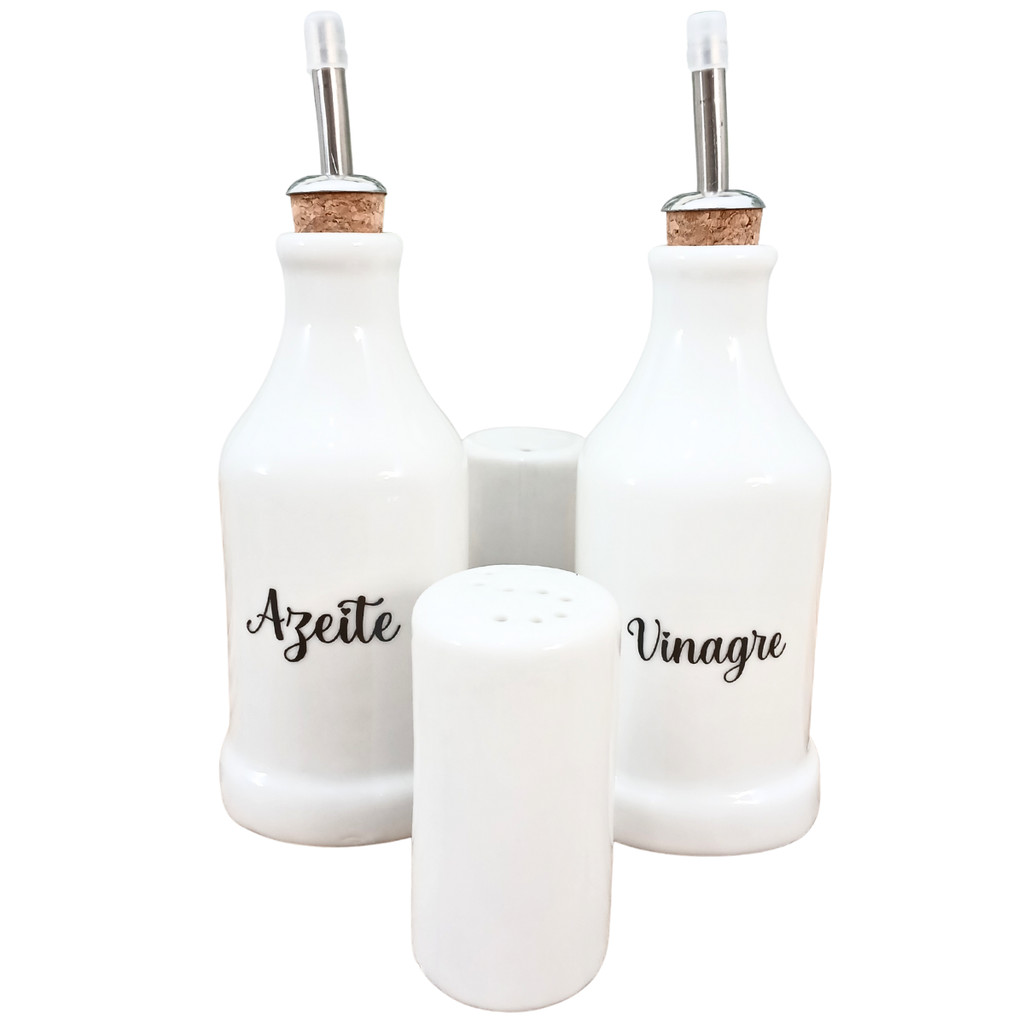 Kit Galheteiro 4 pçs Azeite Vinagre Sal Paliteiro Porcelana
