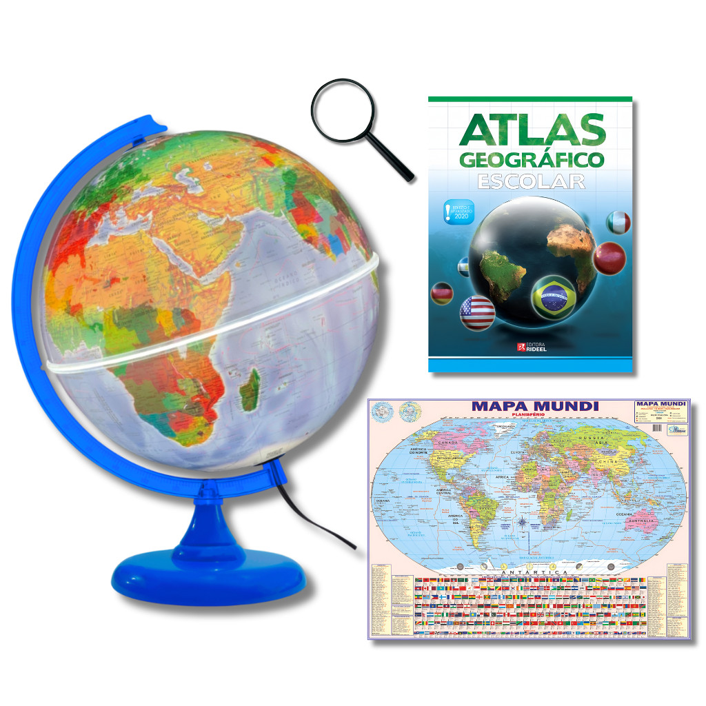 Globo Terrestre Físico Político Base Azul C/Luz 30cm + Mapa Mundi + Atlas + Lupa