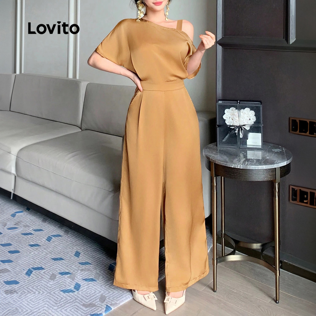 (Trendy) Lovito Elegante Simples Ombro Frio Estrutura Linha Verão Primavera Macacão Marrom Para Mulheres LBL25107 - Women Clothes