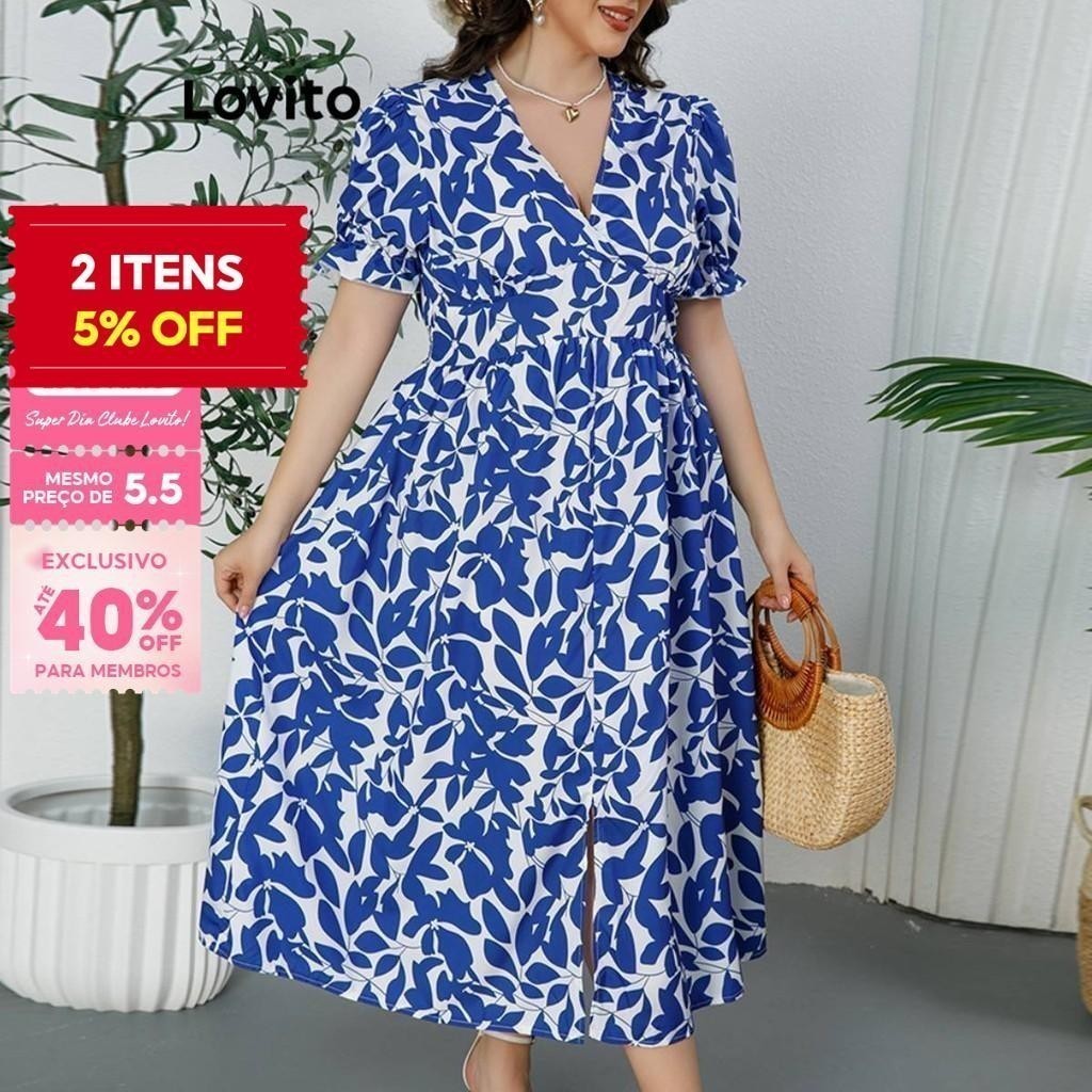 (Trendy) Lovito Vestido Plus Size Curve Boho Plants Structure Line Frente Dividida para Mulheres LBL19342 - Women Clothes
