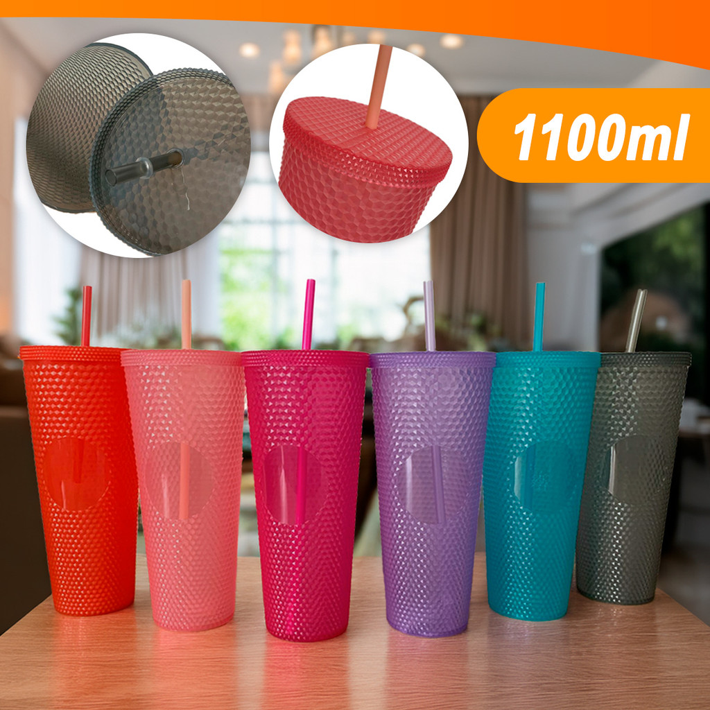 Copo Com Canudo E Tampa Cravejado Trasparente 1100ML - Varias Cores em Oferta na Shopee