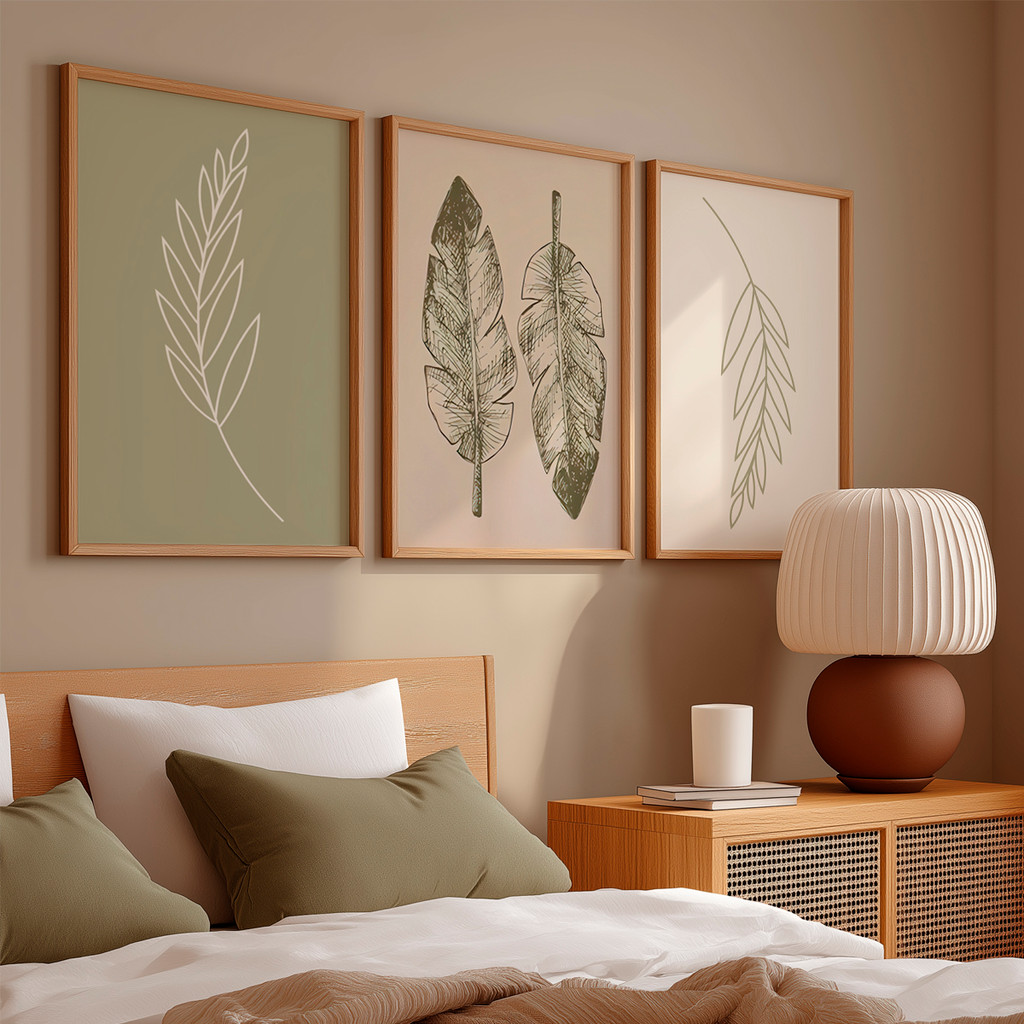 Kit 3 Quadros Decorativo Folha Verde Desenho Minimalista Neutro Natural Simples Com Moldura