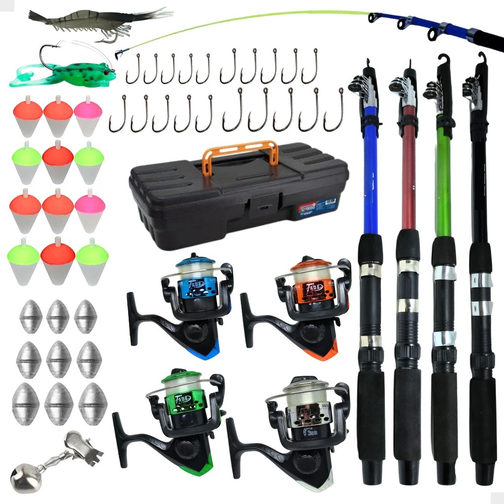 Kit Pesca 4 Vara + 4 Molinete Maleta Acessorios Promo Barato em Oferta na Shopee