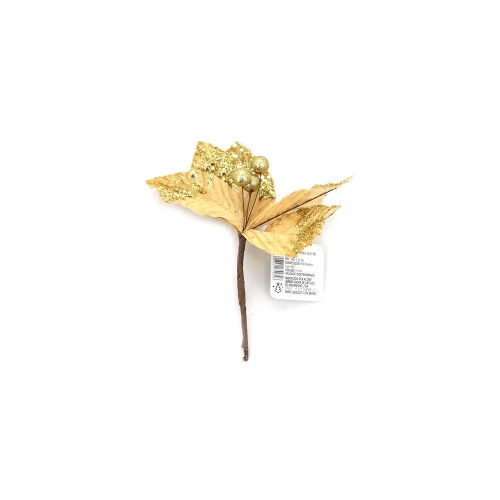 Enfeite de Natal Flor Bico Fino Le com Glitter Dourado 20cm - Home & Living