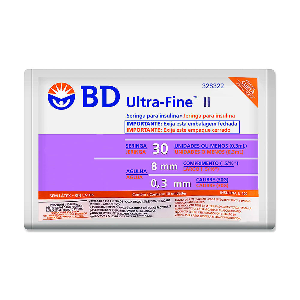 Seringa BD Ultra-Fine Insulina 30U Agulha Curta 8mm com 10 Unidades - Health
