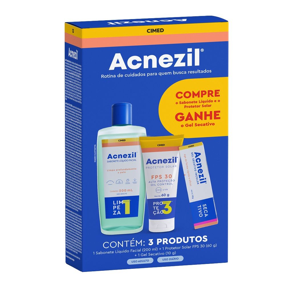 Kit Acnezil Cimed Sabonete Facial 200ml + Protetor Solar FPS 30 com 60g + Gel Secativo 10g - Beauty