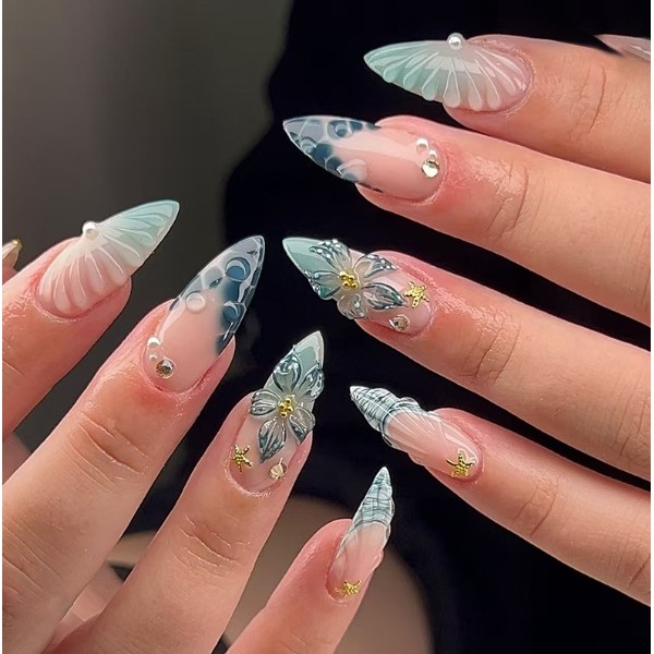 unha postiça decorada realista amendoada Unhas Com Cola unha Falsas Legais Exclusivas nails