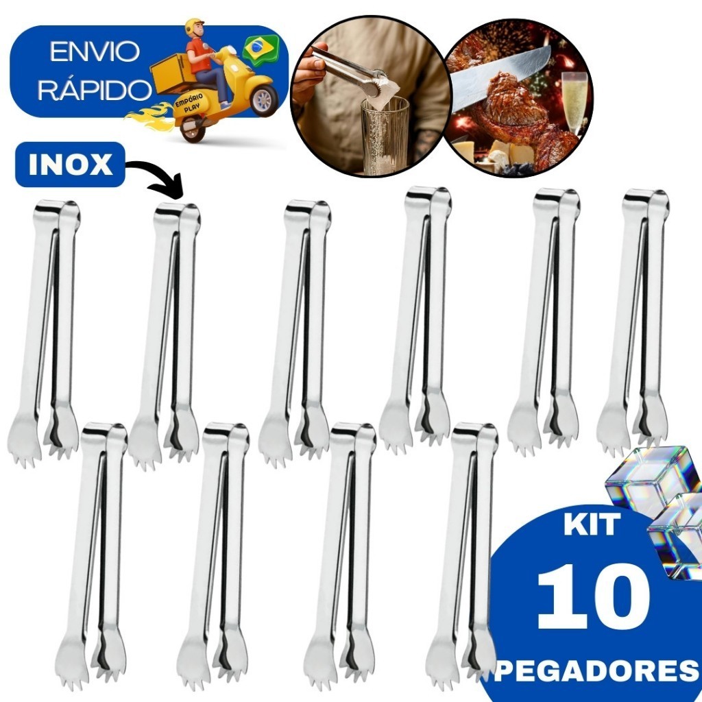 Kit 10 Pegador De Gelo Frutas Alimentos Bar Drinks Carnes Churrascaria Multiuso Aço Inox