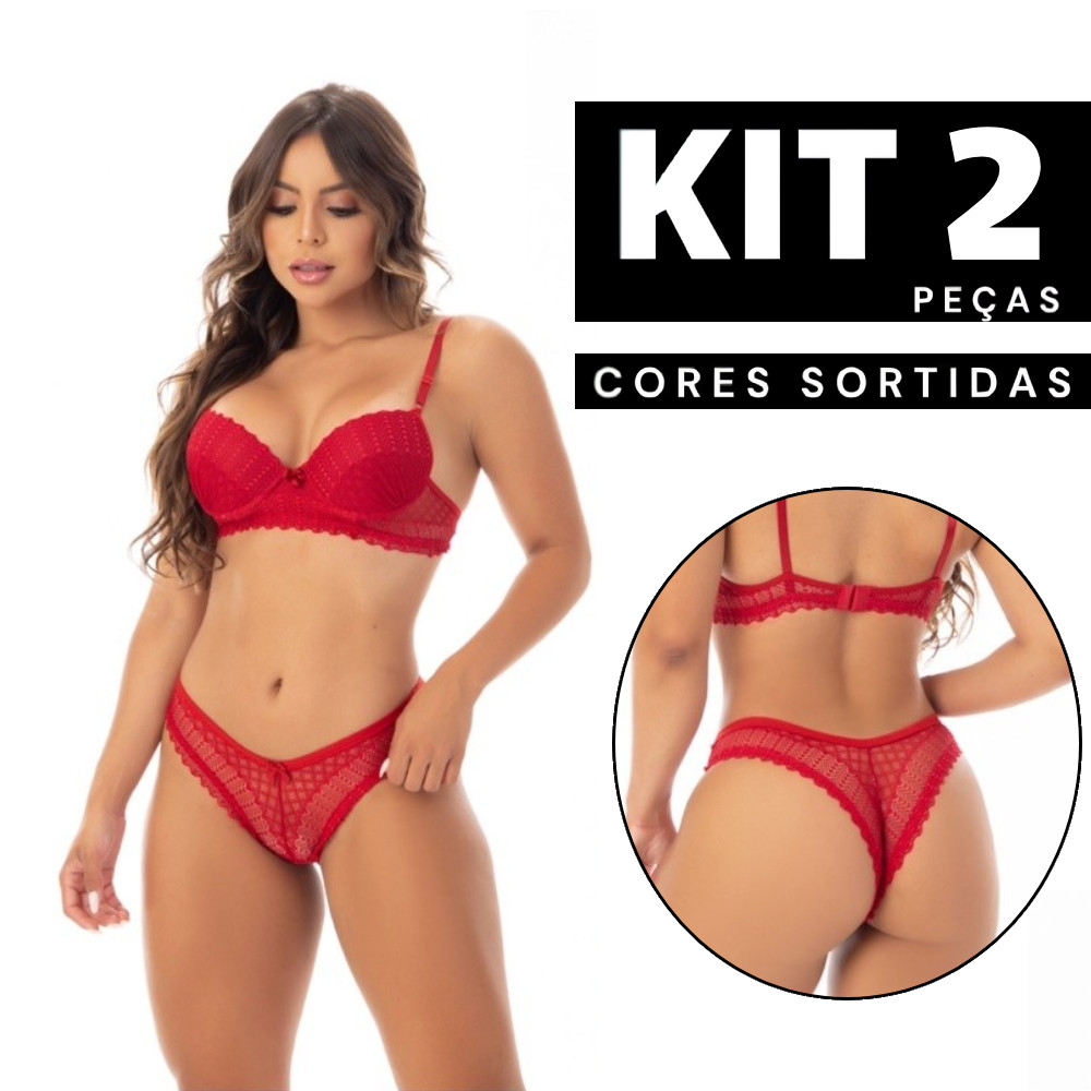 Kit 2/1 Conjunto Sutiã Com Bojo e Calcinha em Renda Lingerie Confortável Barato Sexy Rendado Básico