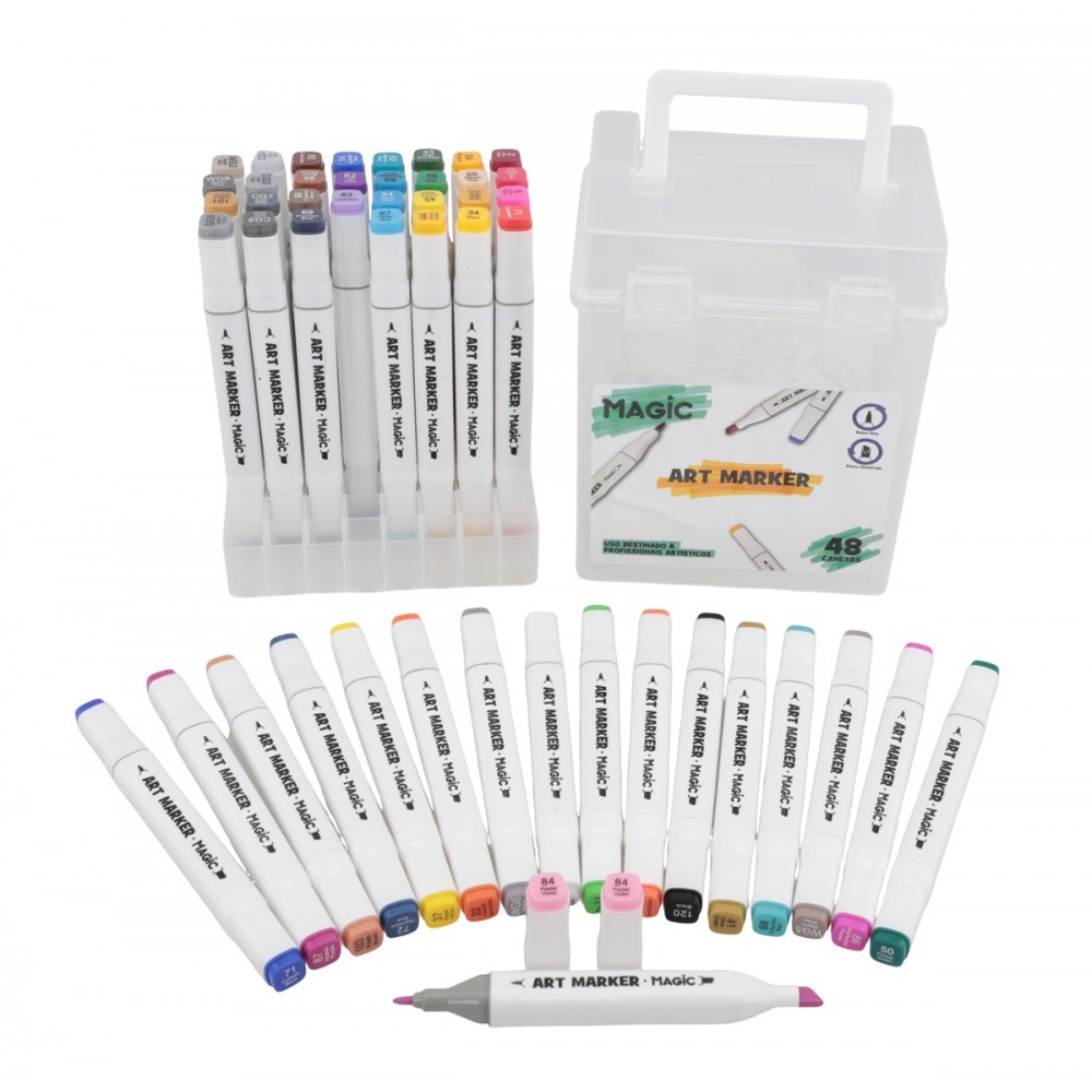 Kit Art Marker 48 Cores - Canetas Marcadoras Ponta Dupla Com Estojo Canetinha Touch