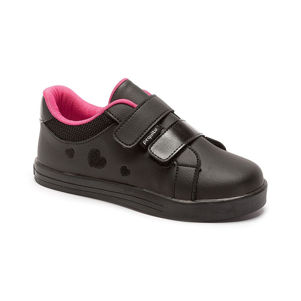 Tênis Infantil Feminino Preto Rosa Coração Fecho Confortável Leve Casual Escolar Menina 20452 Pequito