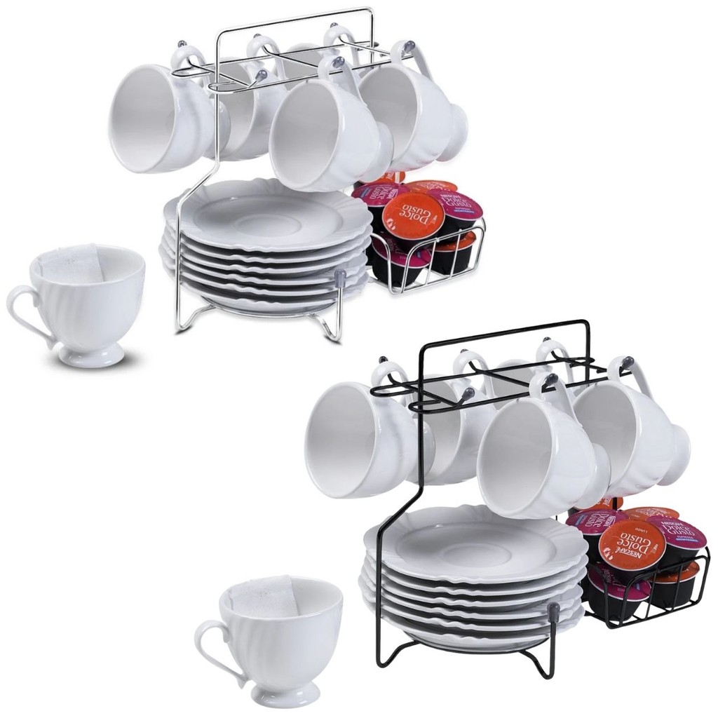 Suporte p/ Cantinho do Café Organizador  p/ 6 Xícaras Pires Cápsulas p/ Cozinha Bancada Mesa Utensílio Decoração Prático