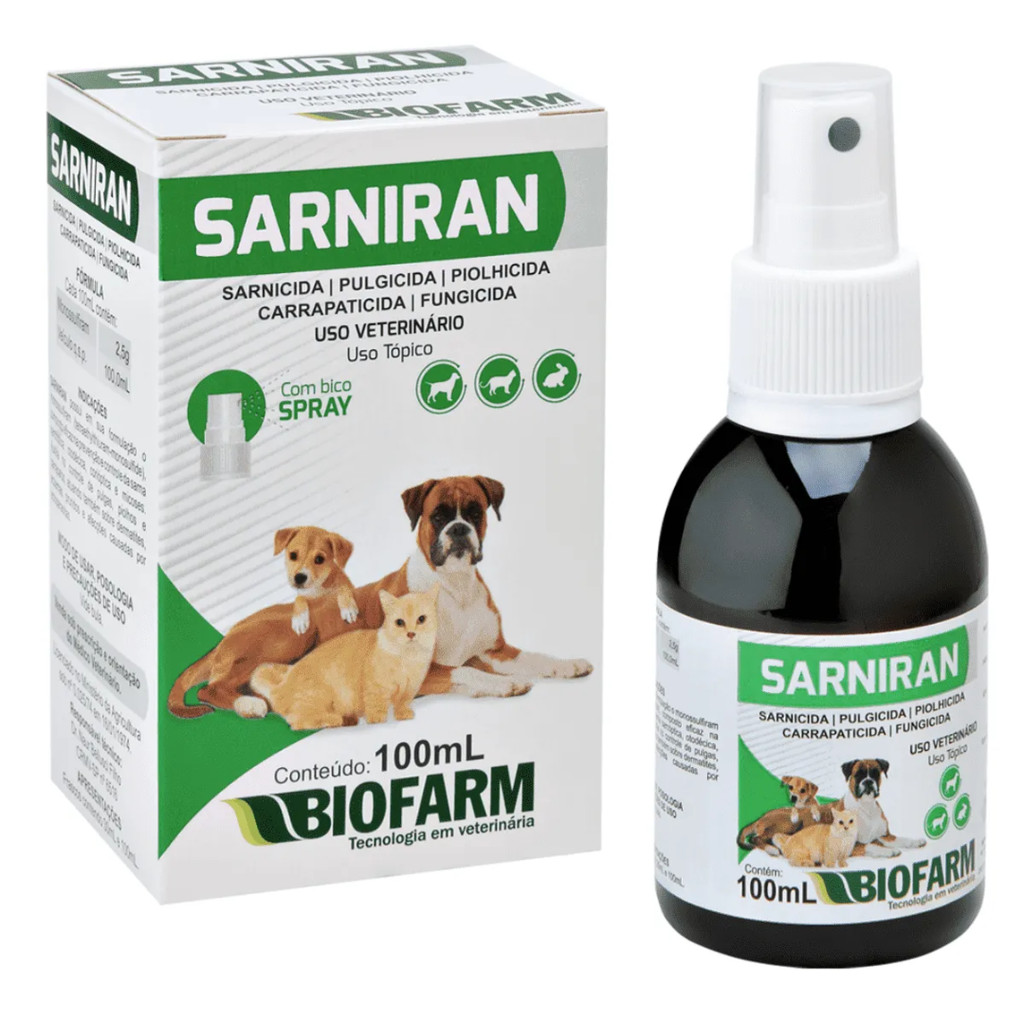 Sarniran 100mL Trata Sarna Carrapato Pulga Fungo - Biofarm