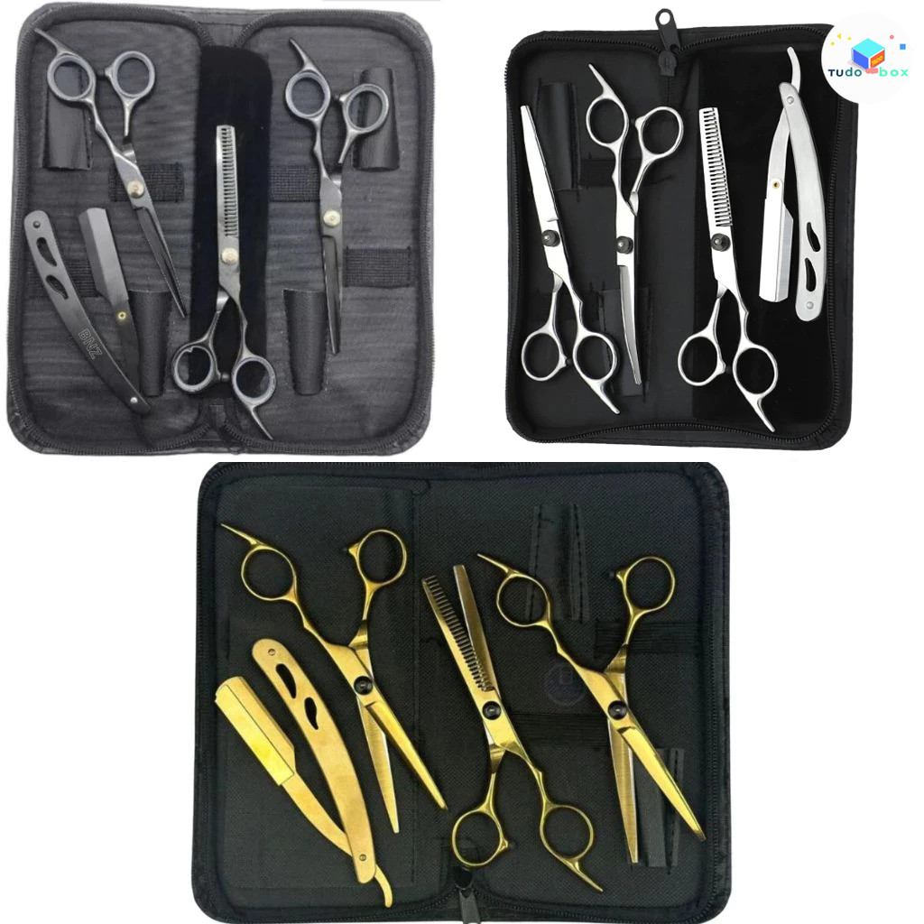 Barbeiro 4 Tesoura Profissional Para Desbaste De Cabelo kit De Aço Inoxidável Dourado