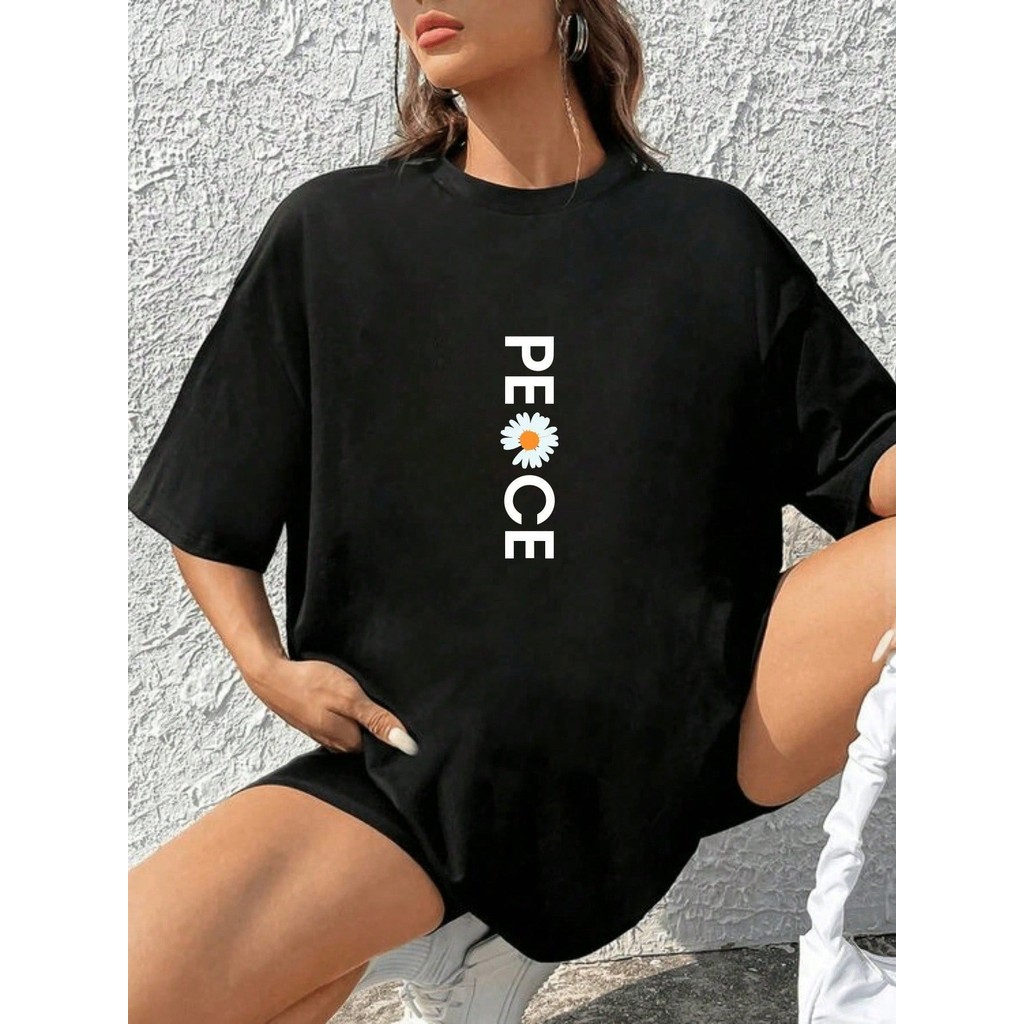 Camiseta Feminina PEACE Estampada Girassol Peace Linda Confortável Casual Tendencia