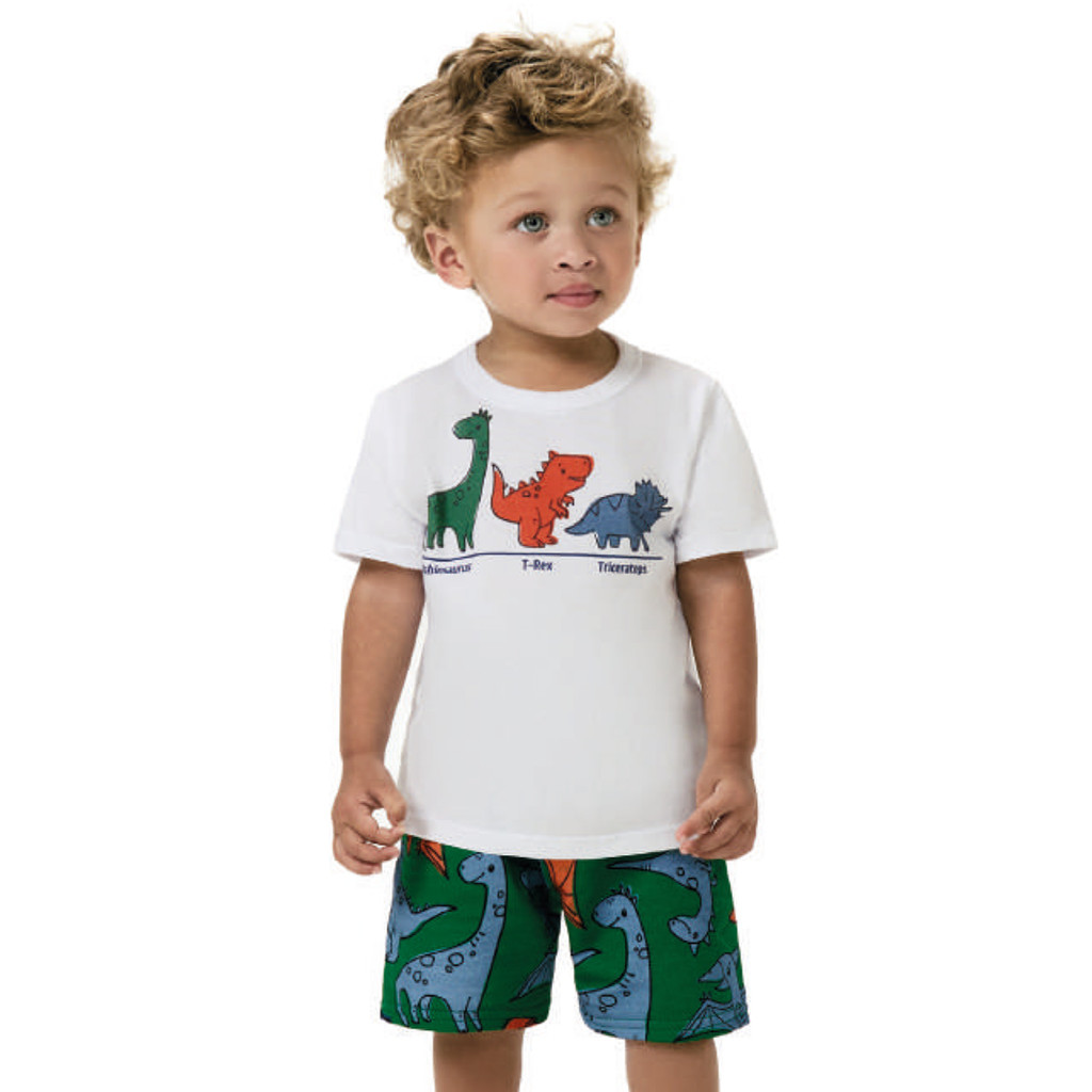 Conjunto Infantil Camiseta Branca Dinossauros e Bermuda Verde Kyly