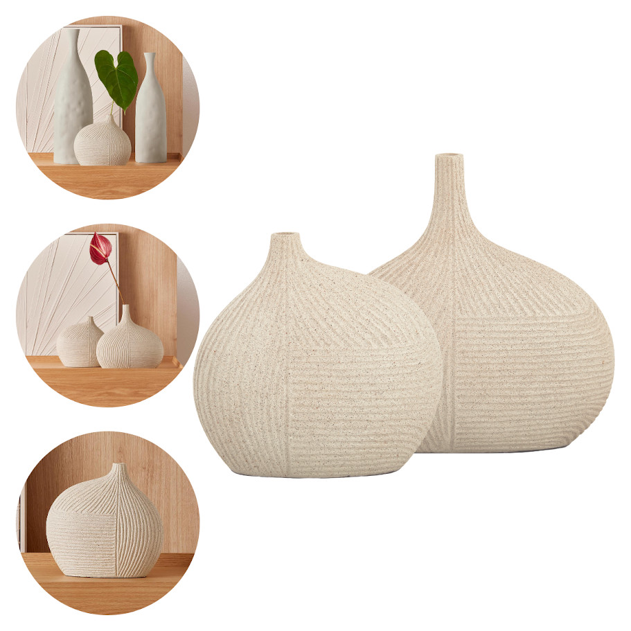 Kit Conj Vasos Ranhuras Em Poliresina Grande Decorativo Sala