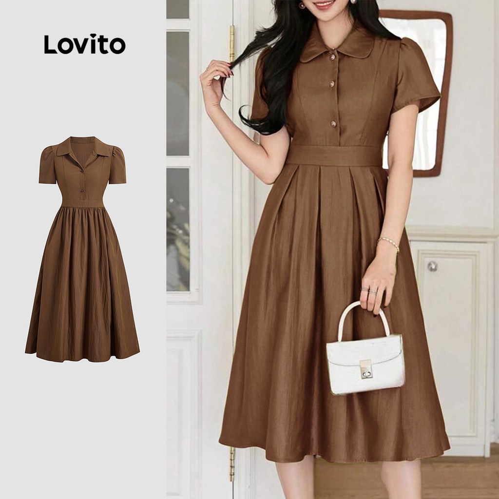(New) Lovito Vestido Casual de Trapeado com Pregas  Botões  Primavera/verão  Marrom para Mulheres L243AD1875 em Oferta na Shopee