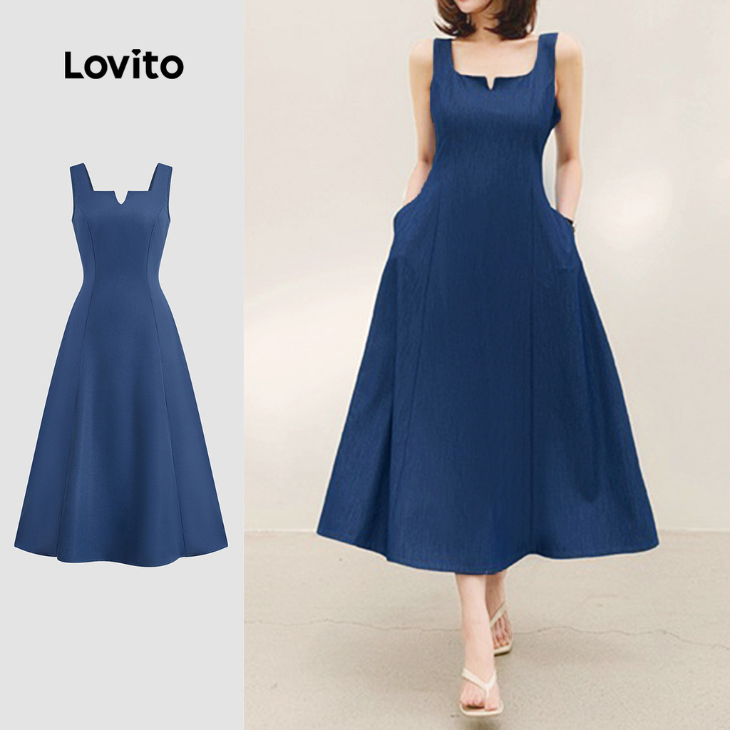 Lovito Vestido Elegante com Estrutura  Linha de Bolso  Drapeado  Primavera/verão  Vestido Azul escuro L143ED058