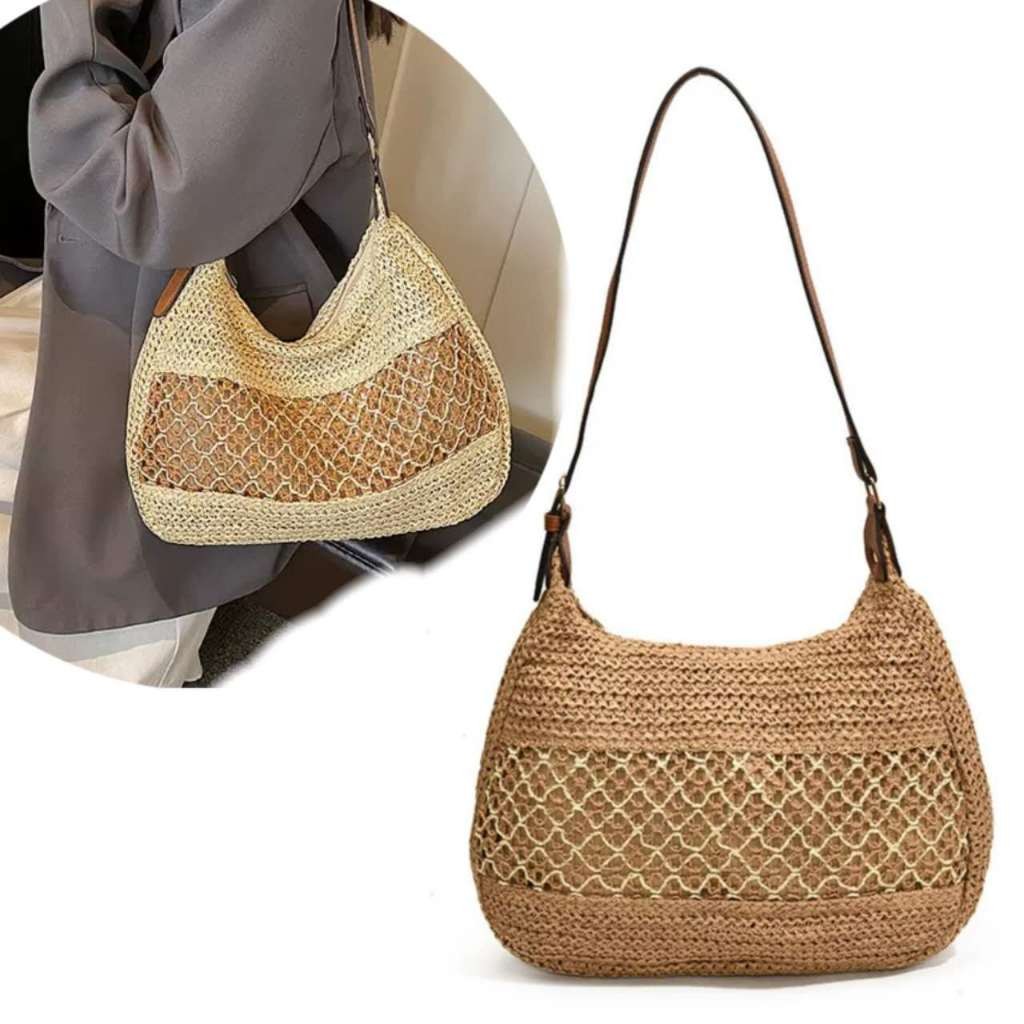 Bolsa Feminina de Ombro em Palha, Estilo Boho, Espaçosa e Estilosa – Primavera Verão 2025 | 25-86