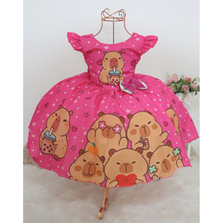 Vestido Infantil Pink Capivara Milk Shake Festa Luxo 4 a 12 Anos em Oferta na Shopee