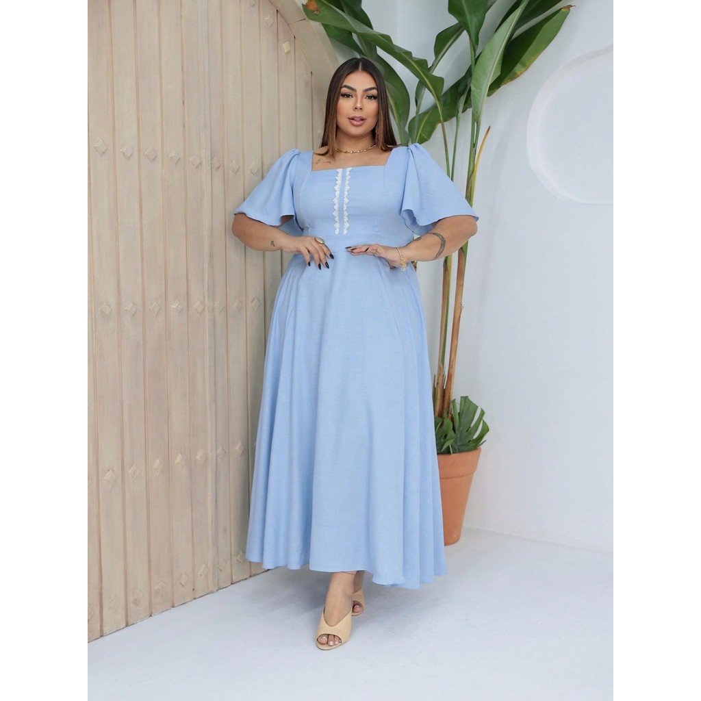 Vestido longo Luxo plus size duna linho liso manga curto 22230