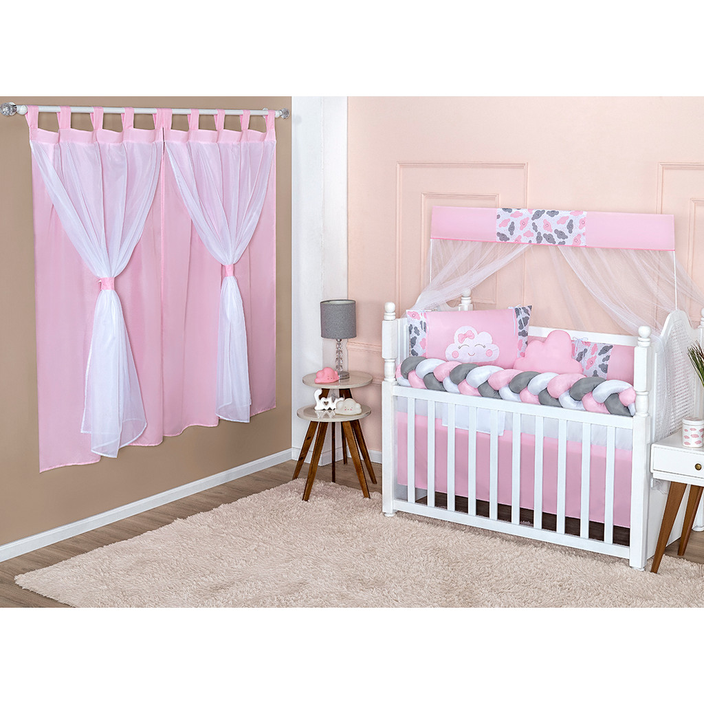 Kit Berco Completo Envio Imediato 21 Peças Nuvem Rosa Slim com Cortina e Lencol Berco 400 Fio Menina