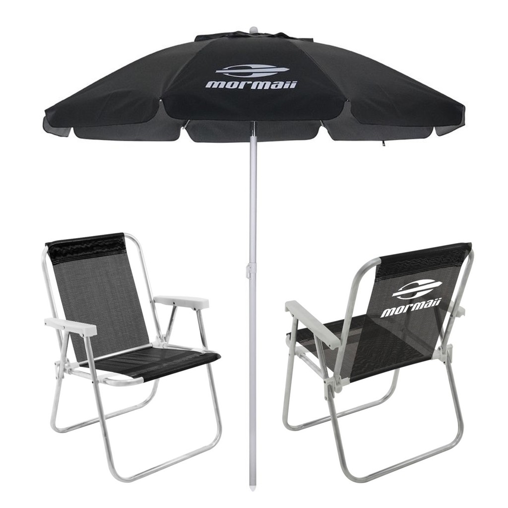 Kit 2 Cadeiras Alta Alumínio + Guarda Sol Bagum 2m Preto Mormaii - Belfix