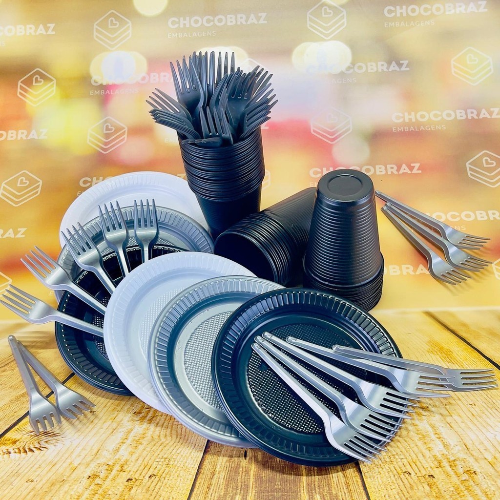 Kit Festa 50 PESSOAS DESCARTAVEIS BRANCO PRATA E PRETO  GARFO + PRATO + COPO em Oferta na Shopee